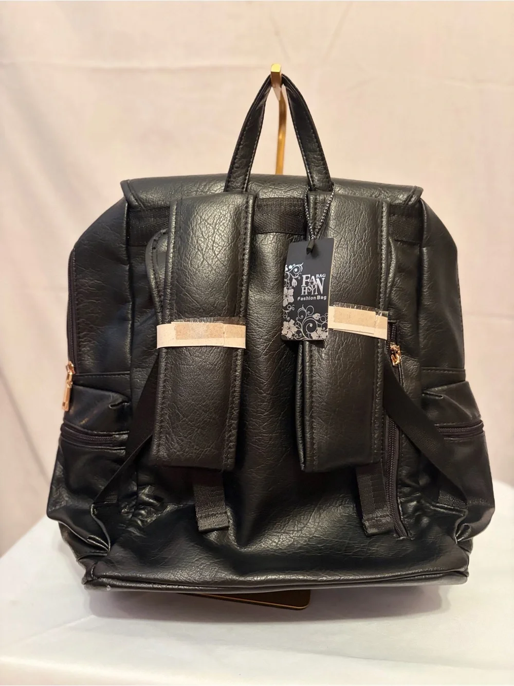 NWT Black Faux Leather Backpack with Front Flap & Zip Side Pockets.
